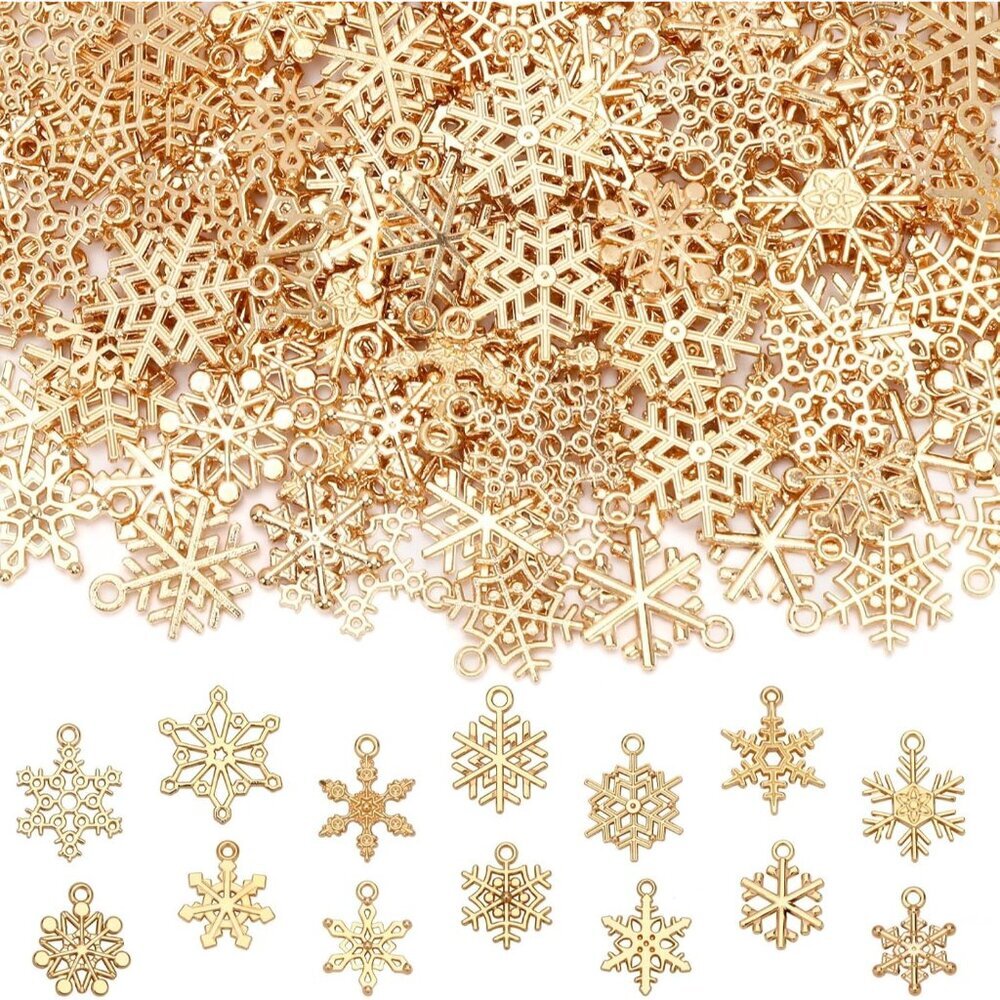 140Pcs Snowflake Charms, Christmas Charms Mixed Alloy KC Gold Snowflake Pendants